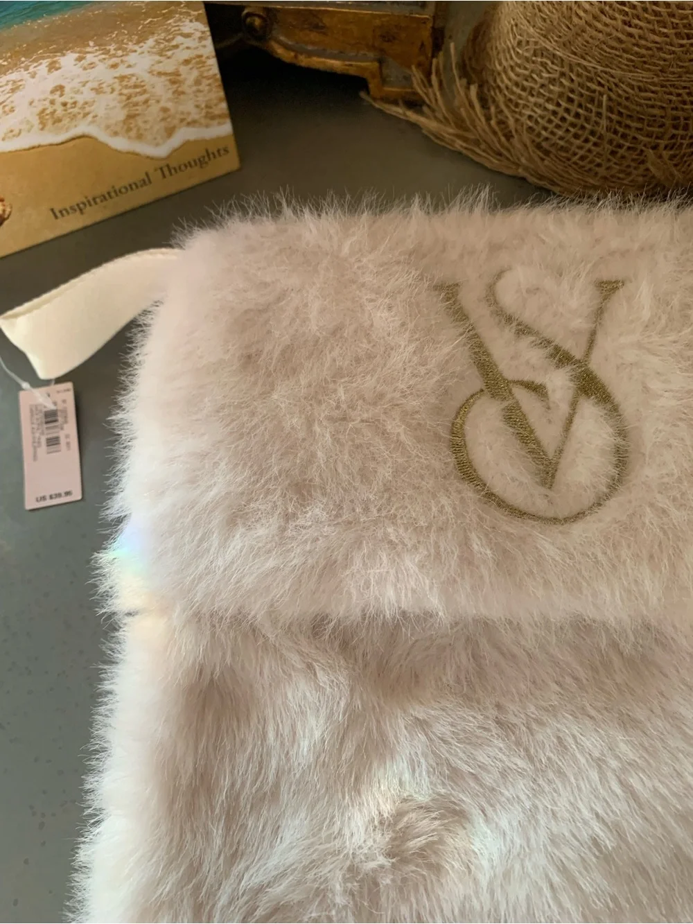 Victoria’s Secret, NEW WITH TAGS soft WHITE fur Christmas Stocking with hanger.